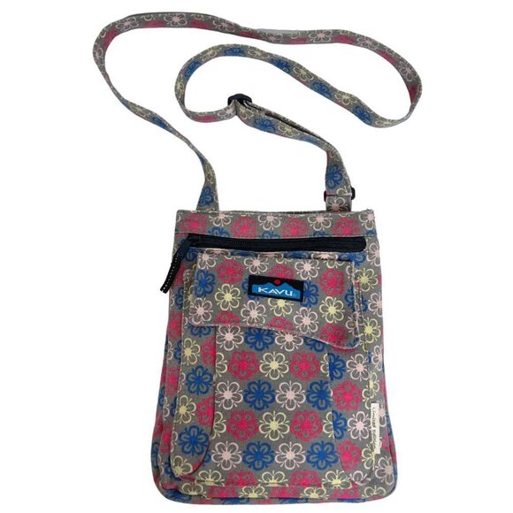 Kavu Handbags - Kavu Limited Edition Keeper Cotton Canvas Taupe Pink Blue Floral Crossbody Bag